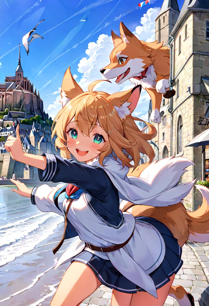 super high resolution, detailed background, Mont Saint-Michel et sa baie, boy, girl, Happy, joyful, absurdres(Photos of solo travelers)(kemono, furry anthro),