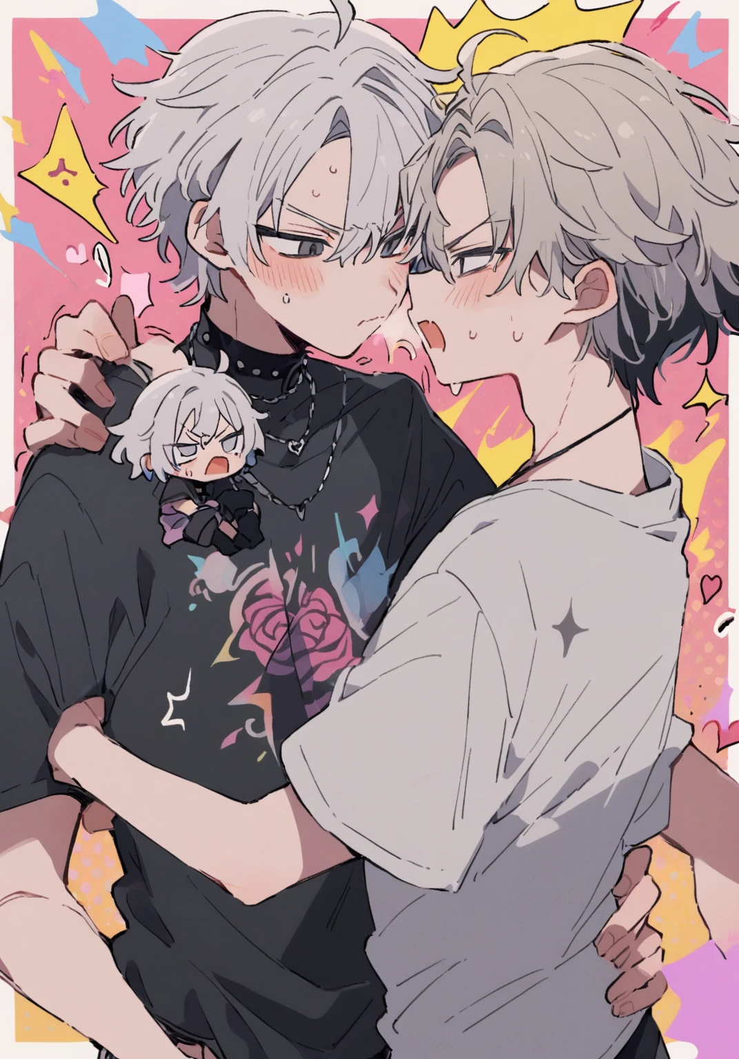 tegaki chibi 2boys pastel colors gradient flat chest yaoi gay boys love gothic rose blonde silver hair grey eyes black eyes aesthetic angry