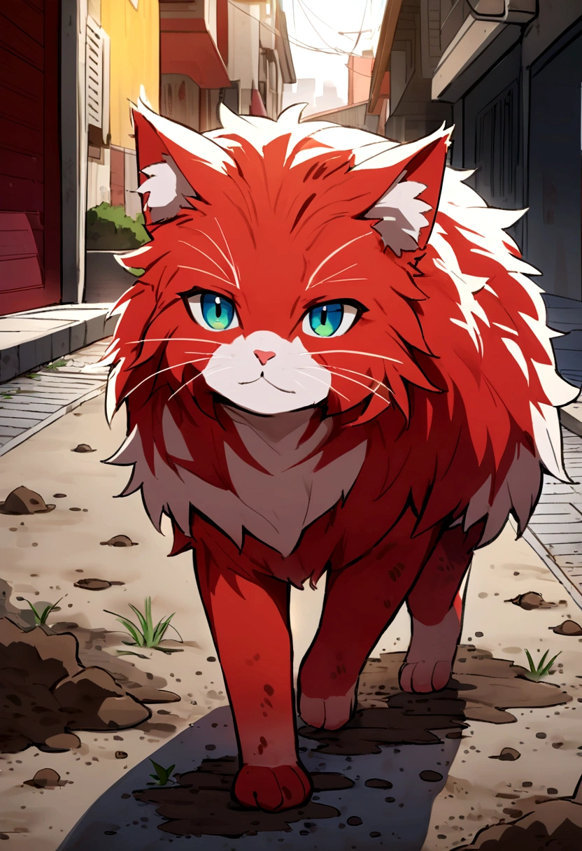
Red cat on the street is very dirty, fluffy, matted fur, dirt