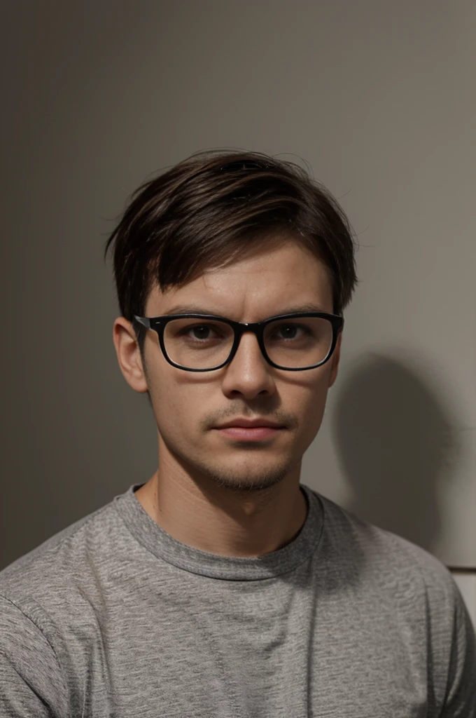 man,28 years , Slavic appearance,nationality Russian , developer,rectangular glasses with gray frames,wide jaw,casual style ,rough facial features,black golf,short haircut,brown-haired