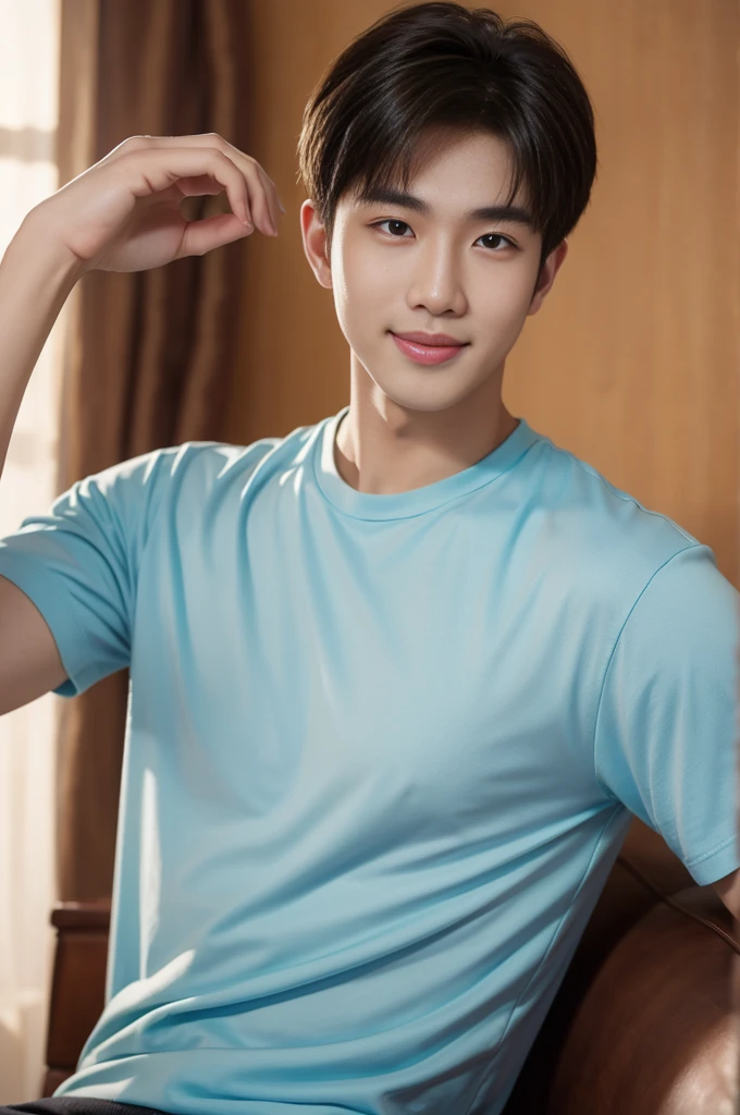 male handsome 20-year-old handsome shirt guy，looking to the camera，frontage，high qulity，tmasterpiece，8K.4K,1080P，Light-sensitive, ยิ้ม