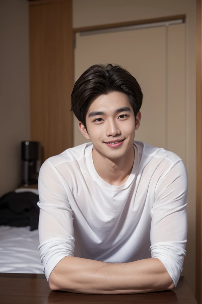 male handsome 20-year-old handsome shirt guy,looking to the camera,frontage,high qulity,tmasterpiece,8K.4K,1080P,Light-sensitive, ยิ้ม