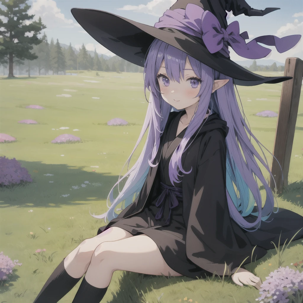 anime girl long purple hair wearing a black Robe. she has pointy ears. Witch Hat. Manga kawaii. iridescent ,An illustration, 0ne person .Sitting in the grass, hair blowing in the wind