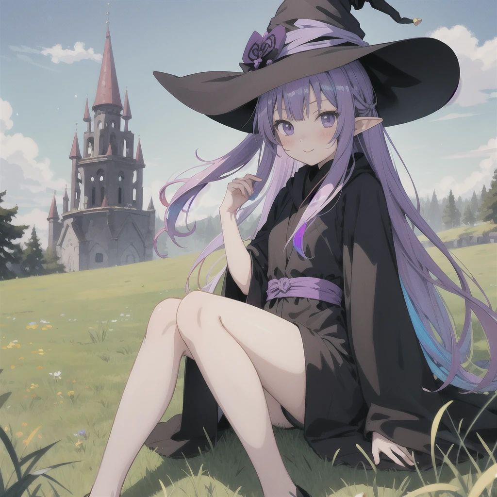 anime girl long purple hair wearing a black Robe. she has pointy ears. Witch Hat. Manga kawaii. iridescent ,An illustration, 0ne person .Sitting in the grass, hair blowing in the wind