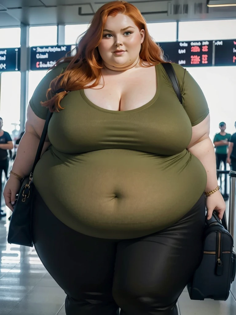 A plane passenger detailed photo of a Beautiful ginger SSBBW, with long wavy ginger hair, with big soft fat belly, thicc fat arms, thicc wide legs, big breast, in a cute green top tucked in her pants, and black pants, in an airport waiting for the plane, with only one big shoulder bag on her shoulder