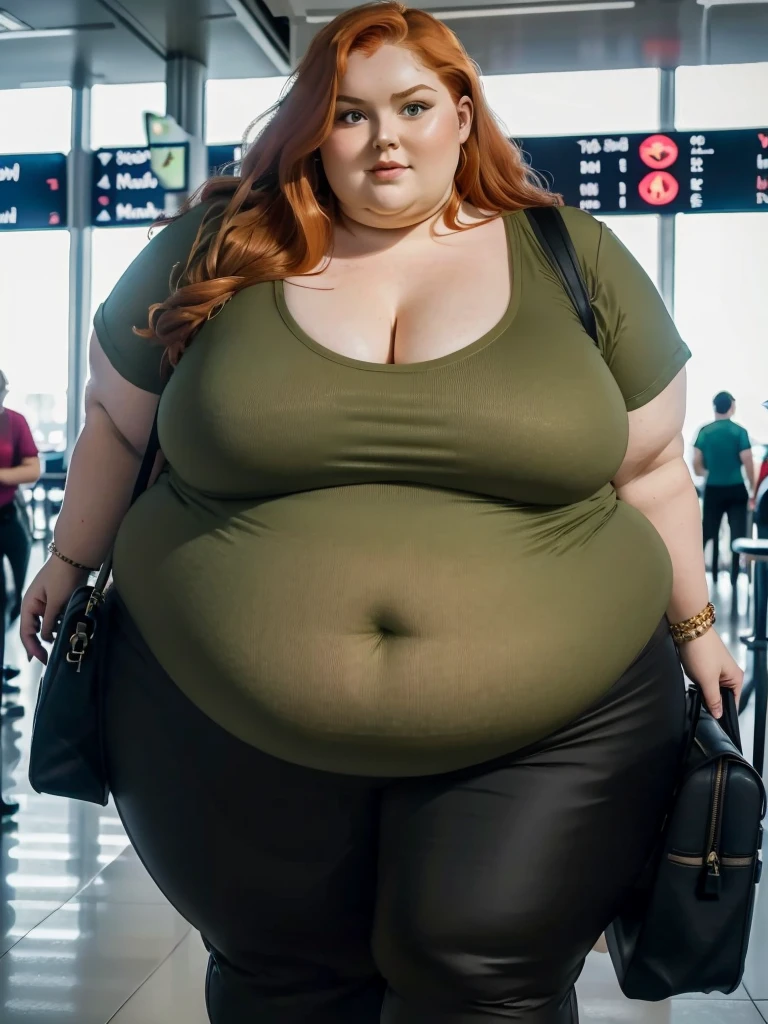 A plane passenger detailed photo of a Beautiful ginger SSBBW, with long wavy ginger hair, with big soft fat belly, thicc fat arms, thicc wide legs, big breast, in a cute green top tucked in her pants, and black pants, in an airport waiting for the plane, with only one big shoulder bag on her shoulder