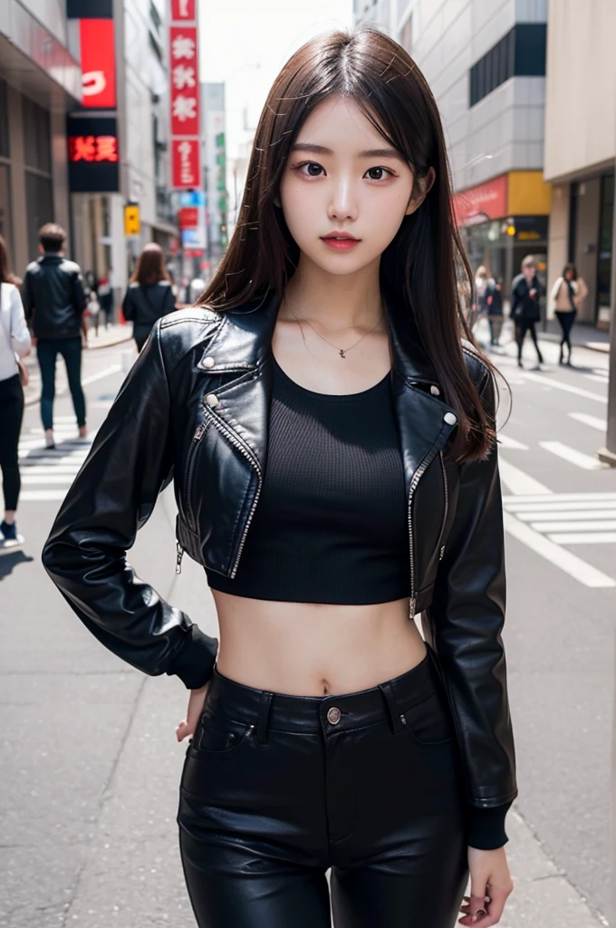 20 year old Japanese girl, wearing a black leather jacket, black trousers, black shoes, black crop top, has a slim stomach, long black hair, photo in the city, 8k masterpiece, detail,