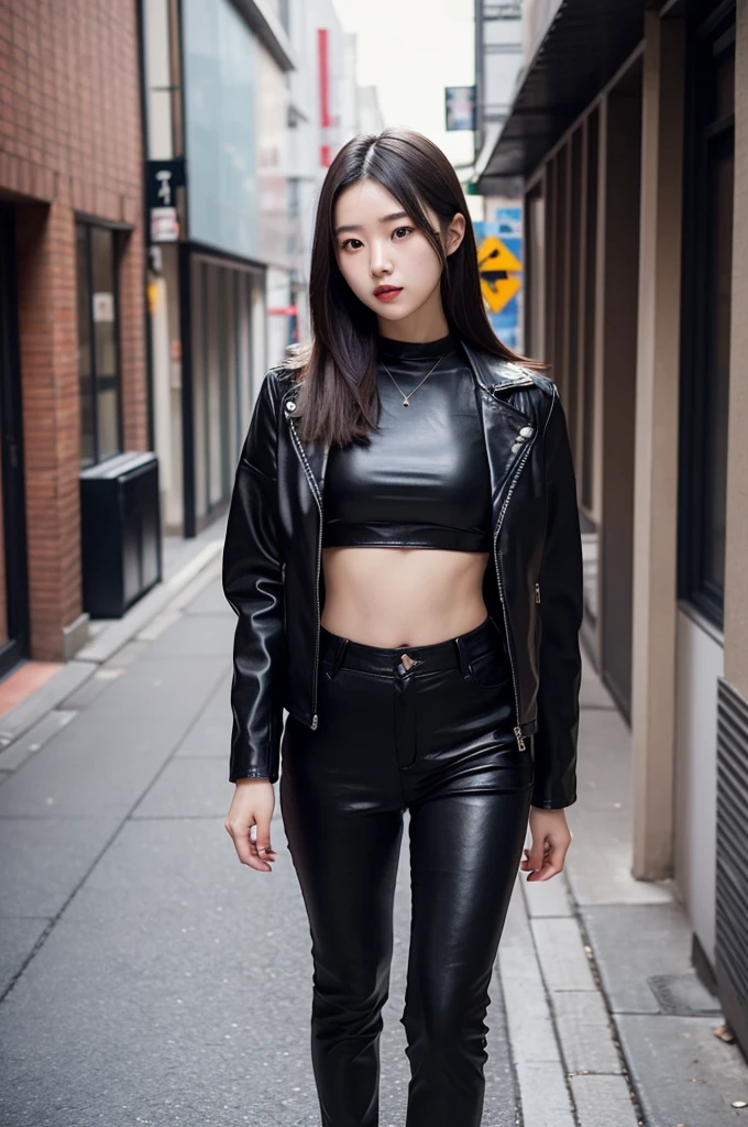 20 year old Japanese girl, wearing a black leather jacket, black trousers, black shoes, black crop top, has a slim stomach, long black hair, photo in the city, 8k masterpiece, detail,