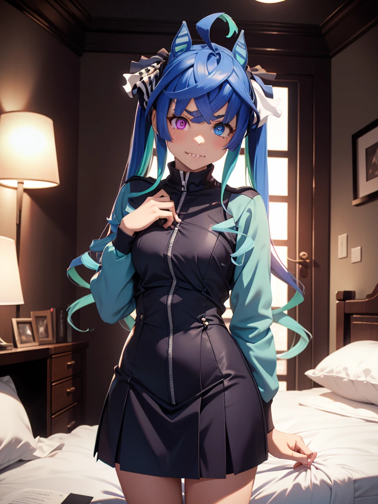 (masterpiece、top-quality、hight resolution、Unity 8k Wallpaper、extremely details CG:1), In a dimly lit hotel room, a man sits on the edge of the bed, looking shocked and uncomfortable. Standing in front of him is a woman dressed as an escort, who he quickly recognizes as the delinquent girl who used to bully him in school. Her expression is a mix of surprise and amusement as she realizes who he is. She stands with one hand on her hip and a teasing smile on her face, clearly enjoying his discomfort. The room is simple, with a bed, nightstand, and dim lighting, creating an intimate yet tense atmosphere. The focus is on their facial expressions and body language, highlighting the awkward and unexpected reunion. nsfw Twin_turbo_umamusume,aqua hair, twintails, heterochromia, purple eyes, blue eyes, sharp teeth