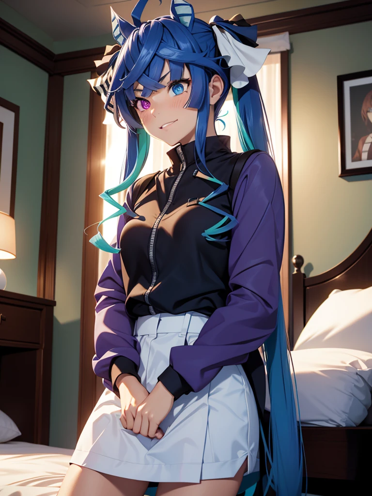 (masterpiece、top-quality、hight resolution、Unity 8k Wallpaper、extremely details CG:1), In a dimly lit hotel room, a man sits on the edge of the bed, looking shocked and uncomfortable. Standing in front of him is a woman dressed as an escort, who he quickly recognizes as the delinquent girl who used to bully him in school. Her expression is a mix of surprise and amusement as she realizes who he is. She stands with one hand on her hip and a teasing smile on her face, clearly enjoying his discomfort. The room is simple, with a bed, nightstand, and dim lighting, creating an intimate yet tense atmosphere. The focus is on their facial expressions and body language, highlighting the awkward and unexpected reunion. nsfw Twin_turbo_umamusume,aqua hair, twintails, heterochromia, purple eyes, blue eyes, sharp teeth