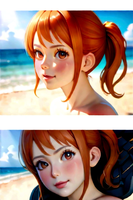 Character design sheet, pale skin sagging breasts (muscular)) ponytail very long hair, small sport top, cleavage breast, They are smiling, look at viewer, Orange hair , multi angles, extreme perspective.