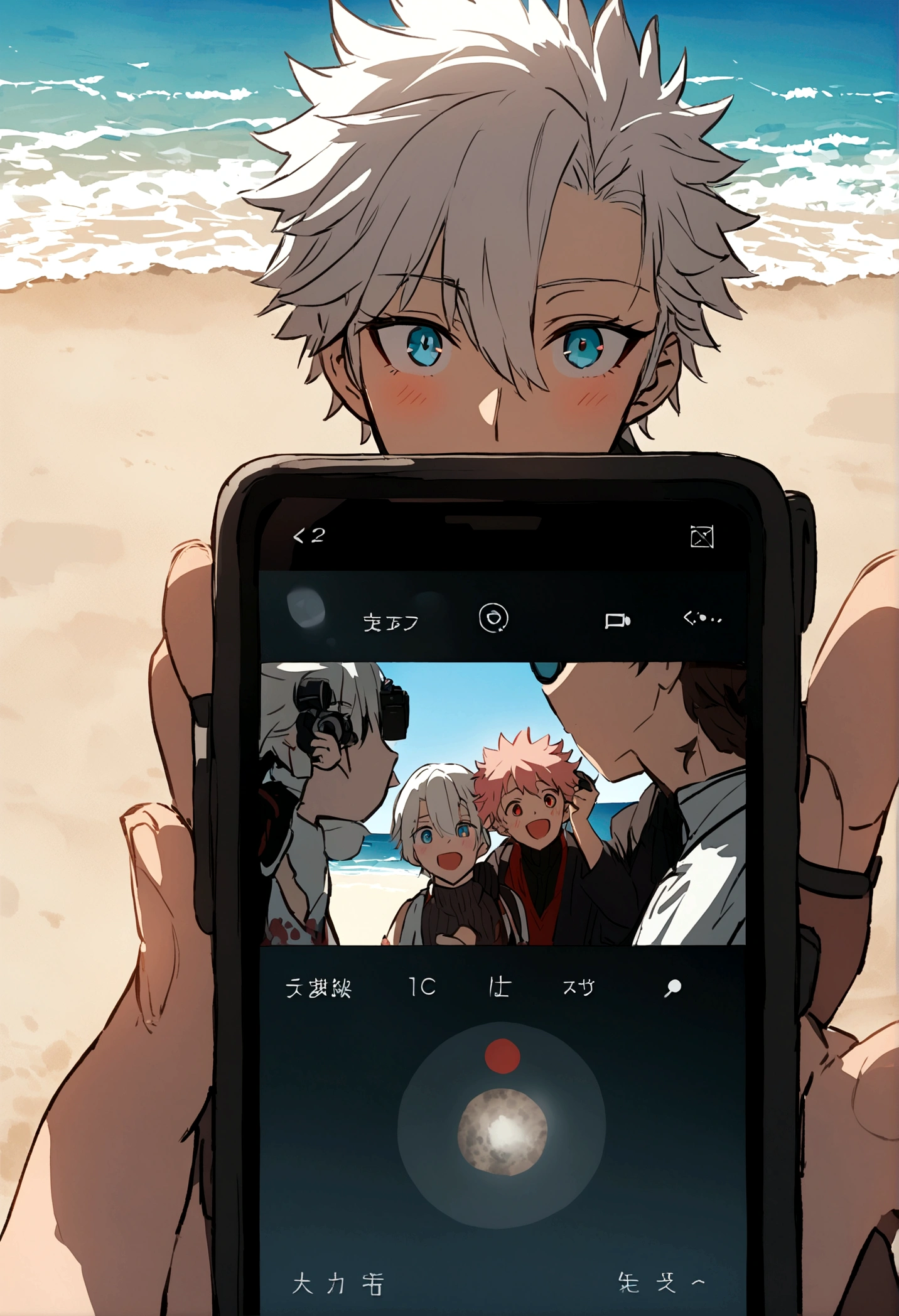 Arlechino and Satoru Gojo, Itadori and Megumi taking a photo together on the beach
