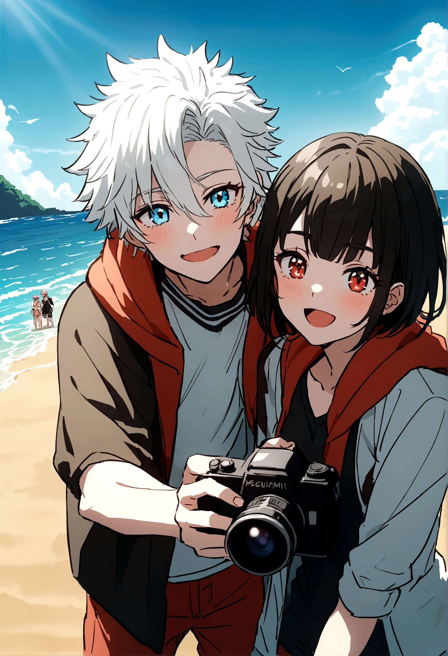 Arlechino and Satoru Gojo, Itadori and Megumi taking a photo together on the beach
