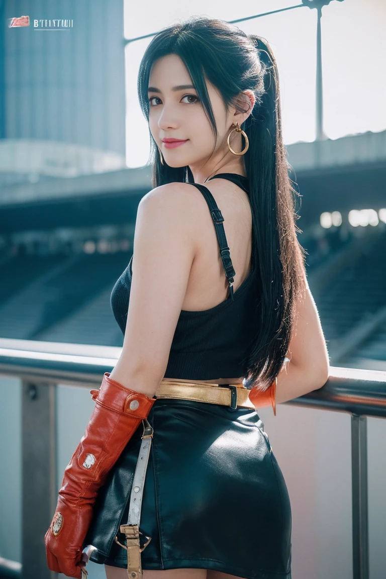 (1girl:1.3), (tifa lockhart (final fantasy vii):1.5), (cosplayer:1.2), (at comiket in tokyo:1.3), (cute:1.2), **(mix of 2d and 3d:1.6)**, **(3d model elements:1.5)**, (anime style:1.3), (highly detailed:1.4), (very aesthetic:1.3), (best quality:1.4), (amazing quality:1.4), (absurdres:1.2), (beautiful face:1.3), (perfect eyes:1.2), (perfect nose:1.1), (perfect mouth:1.1), (perfect skin:1.1), (perfect hair:1.3), (long hair:1.2), (black hair:1.2), (bangs:1.1), **(black tank top:1.3)**, **(shoulder straps slipping off:1.2)**, **(black mini skirt:1.3)**, **(toned legs:1.2)**, (red gloves:1.2), (earrings:1.1), **(holding her buster sword on her shoulder:1.4)**, **(confident smirk:1.3)**, (bright colors:1.2), (vibrant:1.2), (depth of field:1.3), (volumetric lighting:1.4), (lens flare:1.1), (bloom:1.2), (golden ratio:1.3), (8k:1.3), (uhd:1.2), (high quality:1.4), (raw photo:1.3), (photorealistic:1.3), (dslr:1.2), (Fujifilm XT3:1.1), (professional photoshoot:1.4), (professional makeup:1.3), (bustling tokyo big sight convention center interior:1.4), **(comiket signage:1.2)**, **(crowds of cosplayers and attendees visible in background:1.3, hatsune miku cosplayer:1.2, photographers:1.1, anime merchandise booths:1.2)**, (bright colorful banners:1.1), (detailed background:1.4)