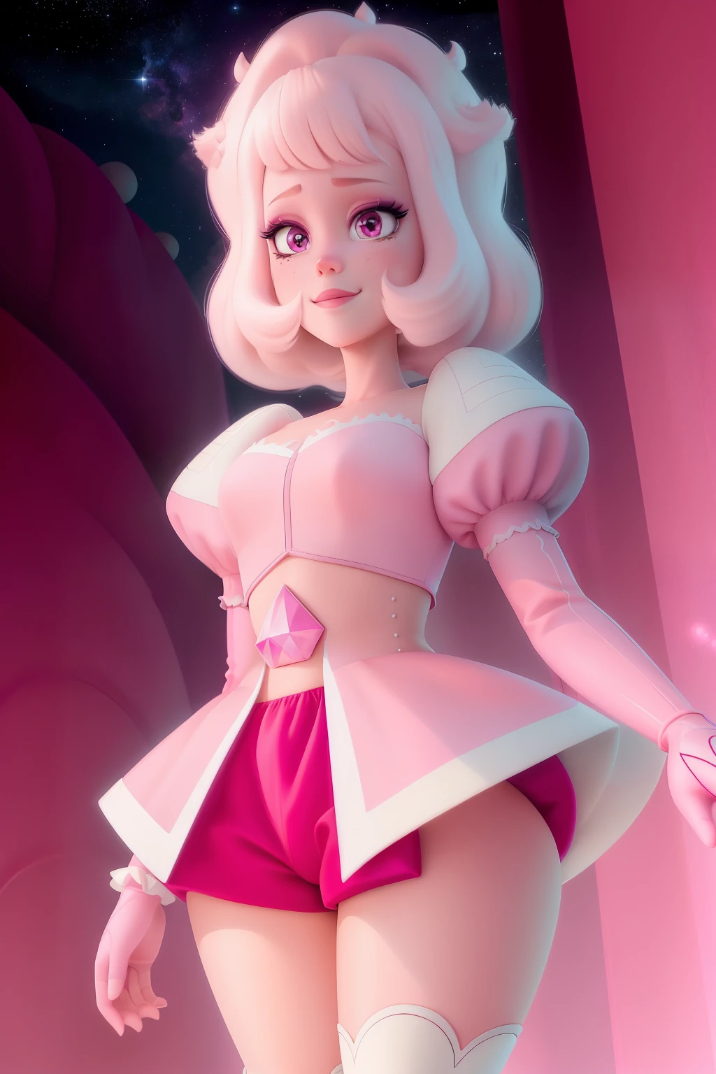 pnkdamond, pink hair, pink eyes,  long hair,  stomach gem,  pink skin,  toned, 
puffy short sleeves, elbow gloves ,  white thighs,   Puffy dress, 
standing, Upper part of the body, 
 outer space,  
(incredibly detailed, beautiful detailed face,Beautiful detailed eyes, Masterpiece, Best Quality) cinematic lighting,  SMILE, 
 