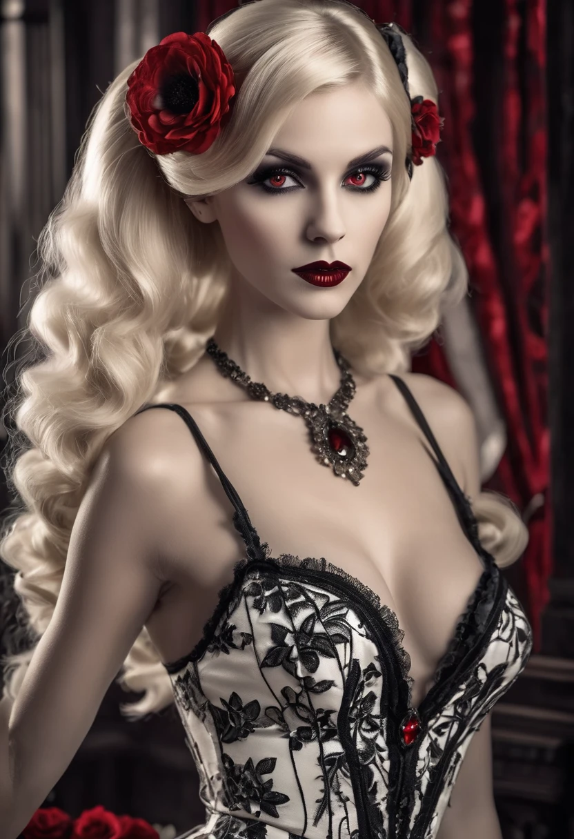 fantasy art deco (art deco: 1.5) A (black and white: 1.5) glamours (vampire: 1.5) model shot, RAW, award winning, of an exquisite beautiful 1solo female vampire, ultra feminine, full body, busty woman, most beautiful face ultra detailed face, ((blond long twin tails: 1.5)), epic long twin tails decorated with black flowers,  pale skin, glowing (red: 1.3) eyes, wearing (lavender and red: 1.5) silk glamour intricate dress, with flowers on it,  wearing intricate high heels, light make up, ancient library background, (black and white filter: 1.4), (anatomically correct: 1.4), 1960s photoshoot style, picture taken from dynamic range, vibrant, Ultra-high resolution, High Contrast, (masterpiece:1.5), highest quality, Best aesthetics), best details, best quality, highres, ultra wide angle, 16k, [ultra detailed], masterpiece, best quality, (extremely detailed), Intense Gaze, dark novel, mega twintails