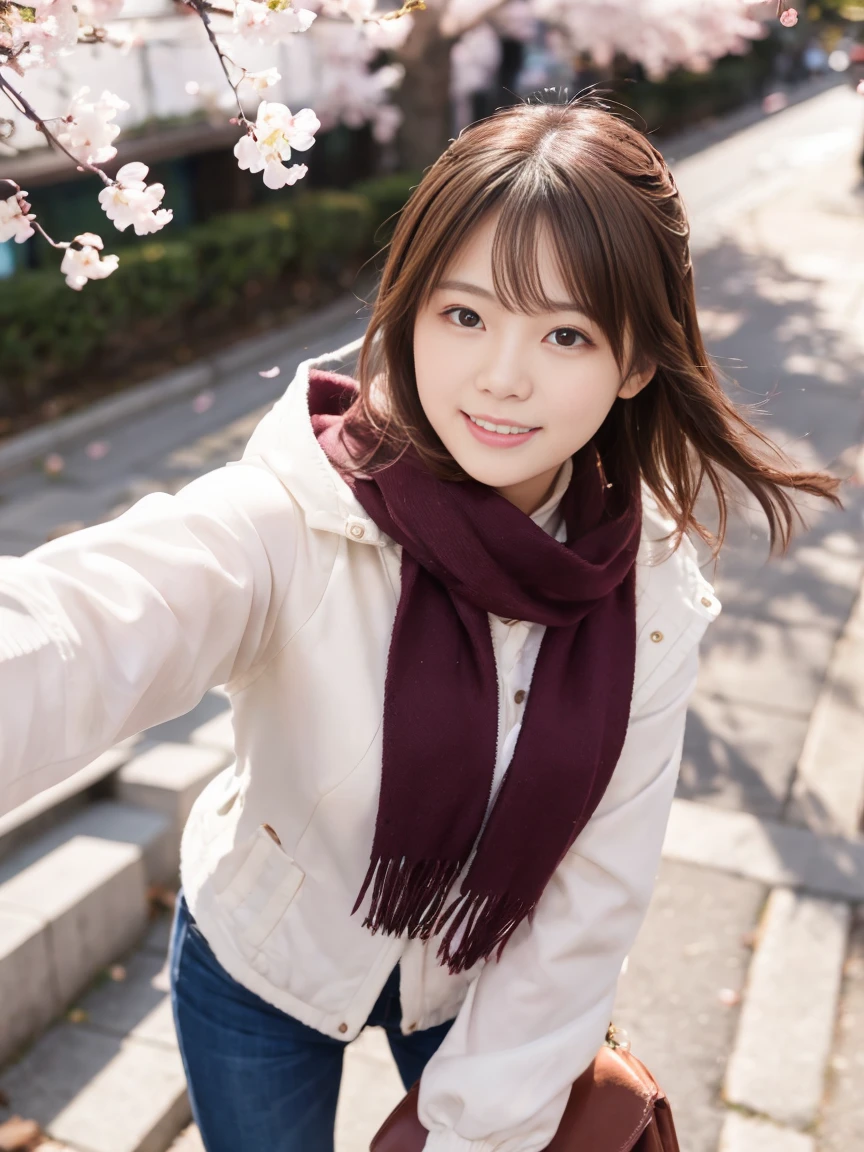 (Upper body selfie:1.3)、Spring Street Corner、Cherry blossom petals fluttering美しい夕景を背景に、illumination shines、Remove the beam from above、In artificial light、Generate images of beautiful women from around the world、Especially while reflecting elements of Western beauty。A woman with a natural smile and attractive facial expression、Clear skin、Shining Eyes、Expressing a romantic atmosphere。alone、Light jacket、scarf、sunglasses、gloves、Ankle boots、Cherry blossom petals fluttering、(8K quality、Tabletop、Highest quality、Ultra-high resolution output images)、(Highly detailed RAW photos:1.3)、(Picture Mode Ultra HD)