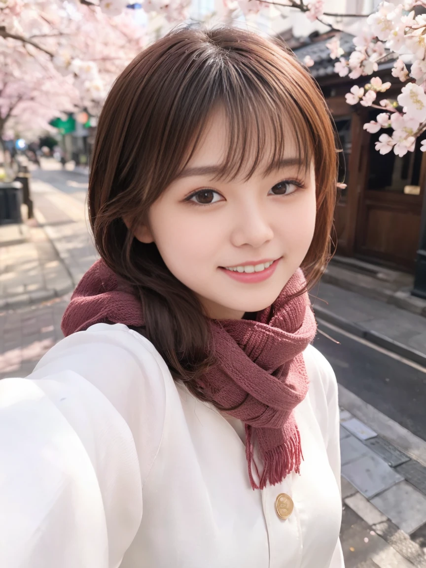 (Upper body selfie:1.3)、Spring Street Corner、Cherry blossom petals fluttering美しい夕景を背景に、illumination shines、Remove the beam from above、In artificial light、Generate images of beautiful women from around the world、Especially while reflecting elements of Western beauty。A woman with a natural smile and attractive facial expression、Clear skin、Shining Eyes、Expressing a romantic atmosphere。alone、Light jacket、scarf、sunglasses、gloves、Ankle boots、Cherry blossom petals fluttering、(8K quality、Tabletop、Highest quality、Ultra-high resolution output images)、(Highly detailed RAW photos:1.3)、(Picture Mode Ultra HD)