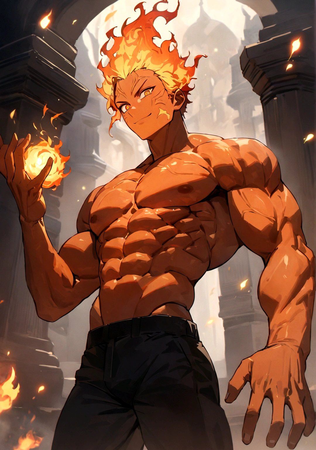 ​masterpiece, Top quality, 16k uhd, Stand, 1 male fire genasi with orange skin, Fire Wizard, no top, Free upper body, Six-pack muscles, muscular physique, elegant black trousers, fiery burning flame hair, Fire Mage, a swirling fireball hovers above his left hand, Magical setting, Confident Pose, devilish smile. highly detailed facial and skin texture, detailled eyes, square eyebrows, Amber eyes with sparks, fine facial features, chiseled jawline, Shiny orange skin with smoky undertones