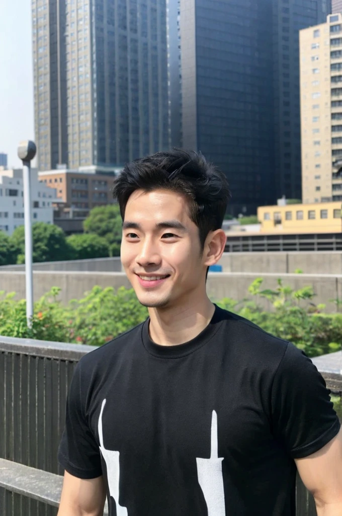 Korean man, Inspiration from Peng Yuyan, 30 years old, 236 years old, Cute Korean Face, 35 yo, 33 year old Korean muscular man，Gym in the background, black t-shirt , open mouth smile