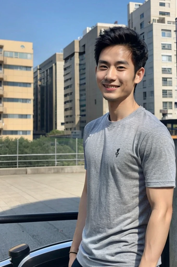 Korean man, Inspiration from Peng Yuyan, 23 years old, Korean muscular man ，The computer room is in the back, tight sports t-shirts, navy blue., open mouth smile