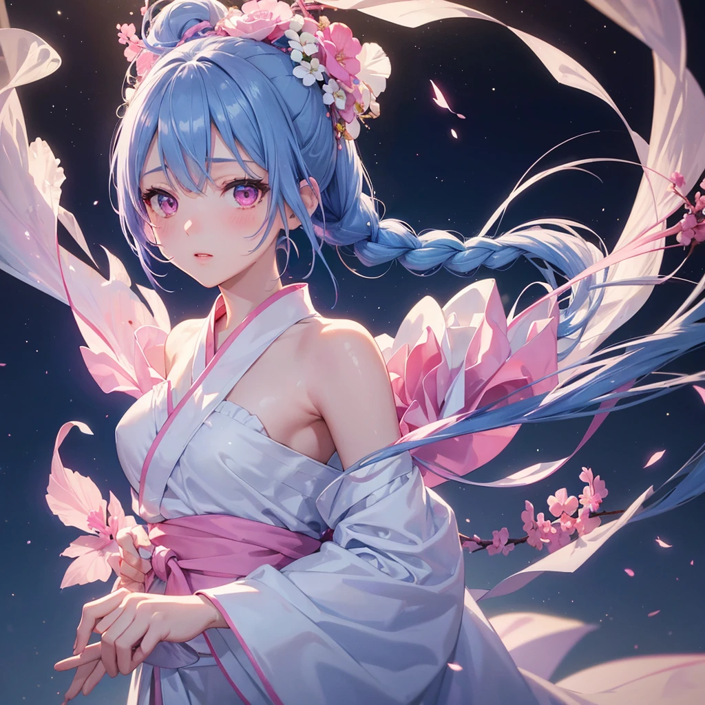 Sky blue hair, (One braided ponytail),(Pink Eyes),Fair skin ,(whole body),(One girl),White yukata,Tanabata,(The Milky Way in the night sky),Hollow Eyes,Blushing,Straight bangs,,Wedding dress,(masterpiece, Highest quality, Very detailed, Best Shadow), (Detailed Background), (Beautifully detailed face), High Contrast, (Best lighting, Very delicate and beautiful), ((Cinematic Light)), colorful, Hyper Detail, Dramatic Light, Intricate details,Reaching out,