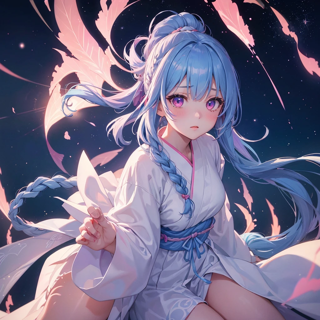 Sky blue hair, (One braided ponytail),(Pink Eyes),Fair skin ,(whole body),(One girl),White yukata,Tanabata,(The Milky Way in the night sky),Hollow Eyes,Blushing,Straight bangs,,Wedding dress,(masterpiece, Highest quality, Very detailed, Best Shadow), (Detailed Background), (Beautifully detailed face), High Contrast, (Best lighting, Very delicate and beautiful), ((Cinematic Light)), colorful, Hyper Detail, Dramatic Light, Intricate details,Reaching out,