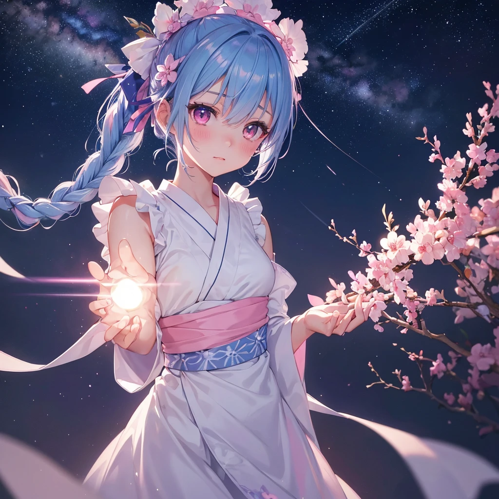Sky blue hair, (One braided ponytail),(Pink Eyes),Fair skin ,(whole body),(One girl),White yukata,Tanabata,(The Milky Way in the night sky),Hollow Eyes,Blushing,Straight bangs,,Wedding dress,(masterpiece, Highest quality, Very detailed, Best Shadow), (Detailed Background), (Beautifully detailed face), High Contrast, (Best lighting, Very delicate and beautiful), ((Cinematic Light)), colorful, Hyper Detail, Dramatic Light, Intricate details,Reaching out,