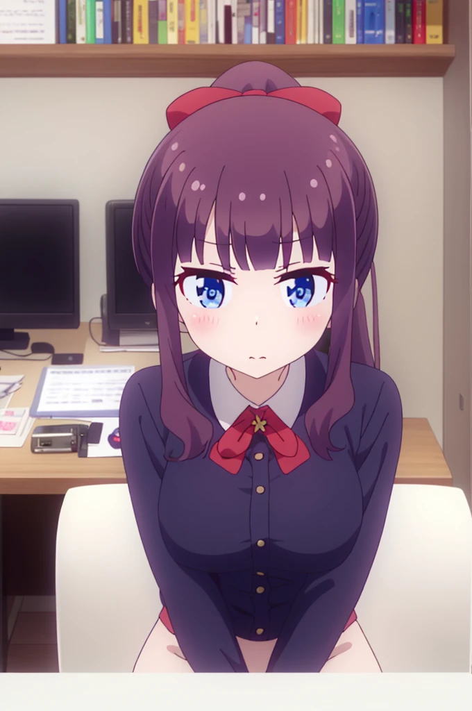 (masterpiece:1.2), (Highest_quality:1.2), 超High resolution, Super detailed, 8K, High resolution, High resolution, anime, Very detailed, (Highest shadow), (Absurd), 
BREAK hifumi takemoto, (Large Breasts), (Perfect Proportions:1.2), (Tight waist), 
Cut long hair, bangs, blue eyes, bow, ponytail, Purple Hair, hair bow,
Upper Body, machine, indoor, office, blush, Cowboy Shot, Seductive pose, View your viewers, Perfect nude,With nipples,Pussy in full view,Sitting and spreading legs