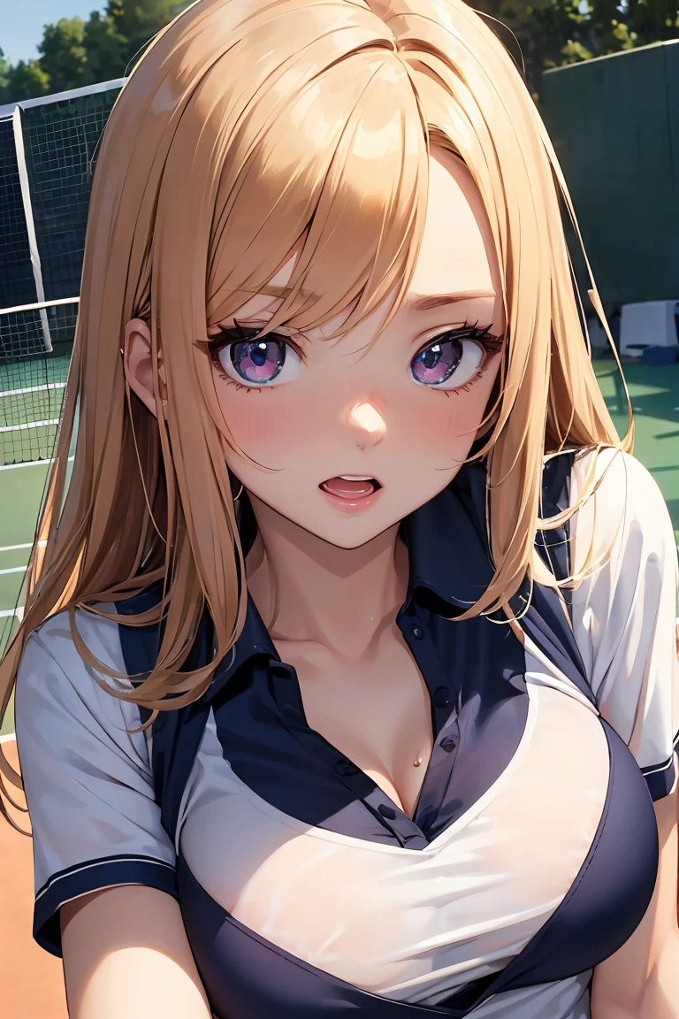 masterpiece, absurdres, best quality, ultra detailed, high Resolution, detailed illustration, bright colour, (extremely beautiful detailed face and eyes, Delicate beautiful face, 1 girl, cute face:1.3), (magenta eyes:1.1), sparkling eyes, big eyes, big breasts, (perky breasts:1.1), (pointy breasts:1.1), medium hips, glamorous body, white skin, BREAK, (blonde hair:0.8), messy hair, detailed hair, shiny hair, BREAK (down blouse, Tennis uniform:1.3), perfect lighting, (embarrassed:1.3), (ecstasy, vulgarity:1.5), (trembling:0.8), Tennis court,