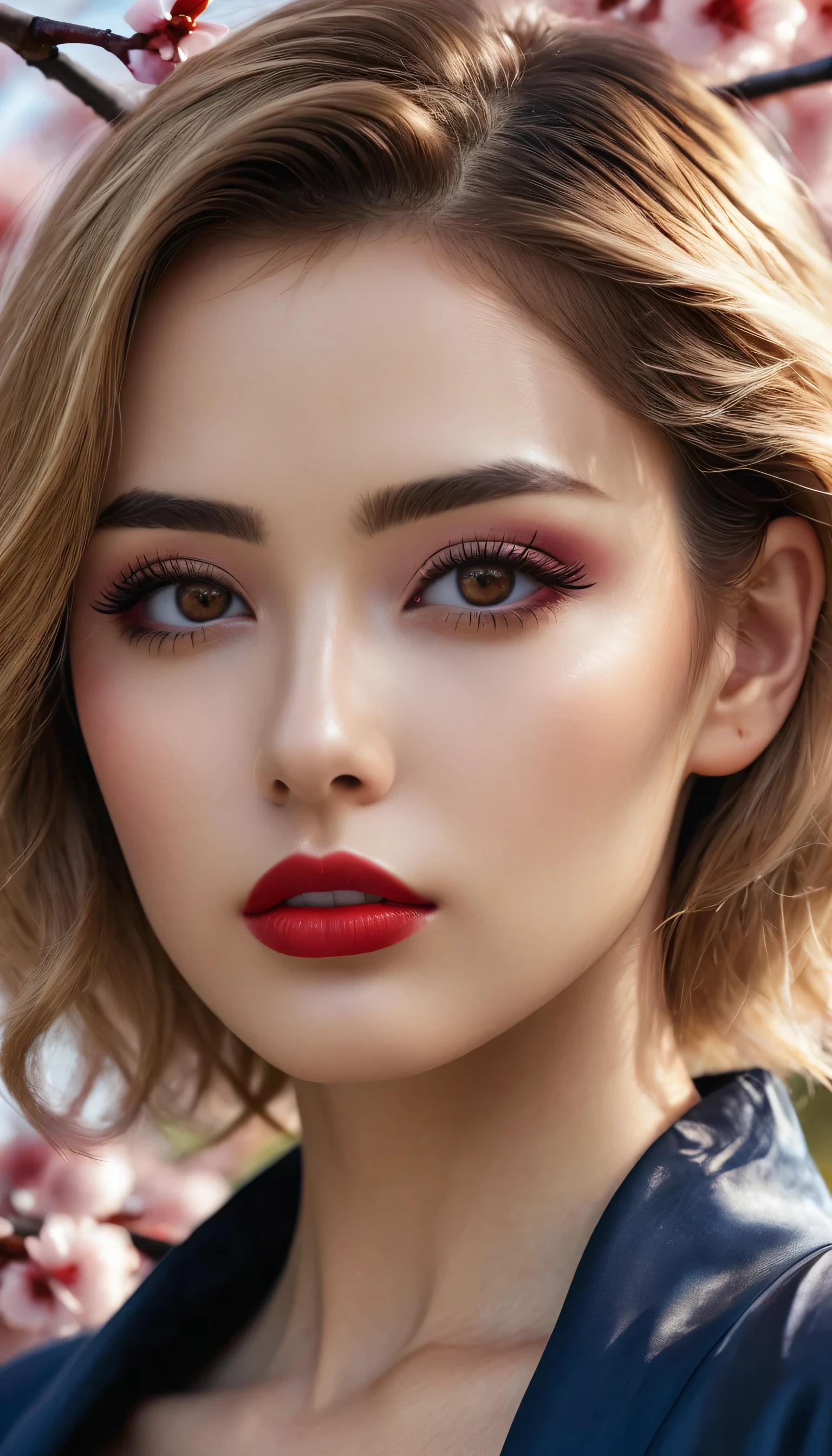 Divide Ratio : 1,1,1 Base Ratio: photorealistic Realism 8K, 16K Quality, fashion supermodel, (Glamour, paparazzi taking pictures of her), (highly detailed 32k absurd Quality), ((girl 18-year-old)) ),fashion supermodel,(best high quality real texture skin:1.3),(best quality texture hair:1.4),BREAK,((short blonde hair ((slicked to the side)) extremely detailed:1.3)),((outside,an orchard of blooming cherry trees:1.3)),(best high quality:1.4),(photo realistic:1. 5),(Hyperrealism:1.5),((sharp focus)),(highest resolution),((soft neon lighting on the face and body)),(perfect proportions),(anatomically correct),(perfect female body),(firm normal full breasts:1.3),slim face,beautiful cheekbones,((slim,swell-muscled body:1.24)),(Super beautiful face),(realistic face),(highly detailed face:1.5),absurd(ultra detailed eyes), finely detailed face,finely quality eyes,(tired and sleepy and satisfied:0.0),(close up of a woman's eye with a digital rendering),realistic eyes,perfect round eyes,finely detailed pupils,(brown_eyes:1.3),BREAK,detailed lips:1.3,dark_makeup:1.18, long_blue_eyeliner:1.25, (red_lipstick:1.25),perfect dark_eyeshadows:1.45, there a close up of a woman's, (super detailed makeup on eyes:1.3), iridescent eyes, with professional makeup, vibrant eyes:1.2, (Detailed nose:1.2),BREAK,((super extravagant ((cut kimono cute)) wear)),BREAK,makeup:1.22,BREAK,/(random u%u top:1.13),/exquisite balance of shadows,perfect composition,((full body shot:1.3)),(((look at the viewer))), Hasselblad, 50mm f/2.2