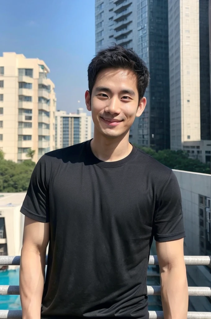 Korean man, Inspiration from Peng Yuyan, 30 years old, 236 years old, Cute Korean Face, 35 yo, 33 year old Korean muscular man，Gym in the background, black t-shirt , open mouth smile