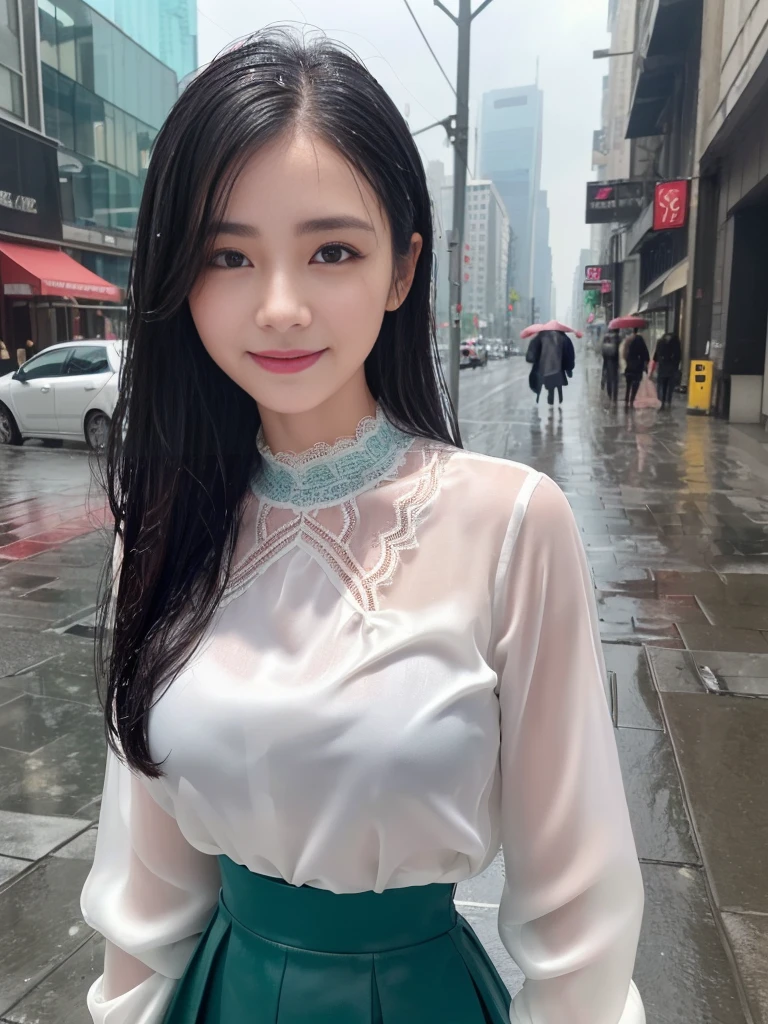 ((best quality, 8K, masterpiece: 1.3)),upper body,Black Hair, black eye,sharp focus: 1.2, beautiful woman with a perfect body: 1.4, ((Medium Hair, large: 1.2)), (small and beautiful hard (White long sleeve blouse with lace、Silk Tight dark turquoise long skirt), (wet from rain: 1.2), (rain, street: 1.2), wet body: 1.1, Highly detailed face and skin texture, detailed eyes, double eyelids, White skin,,E cup,smile,Financial district of the big city,Skyscraper,White skin,Wet Hair、Wet Skin、Wet clothes、smile、