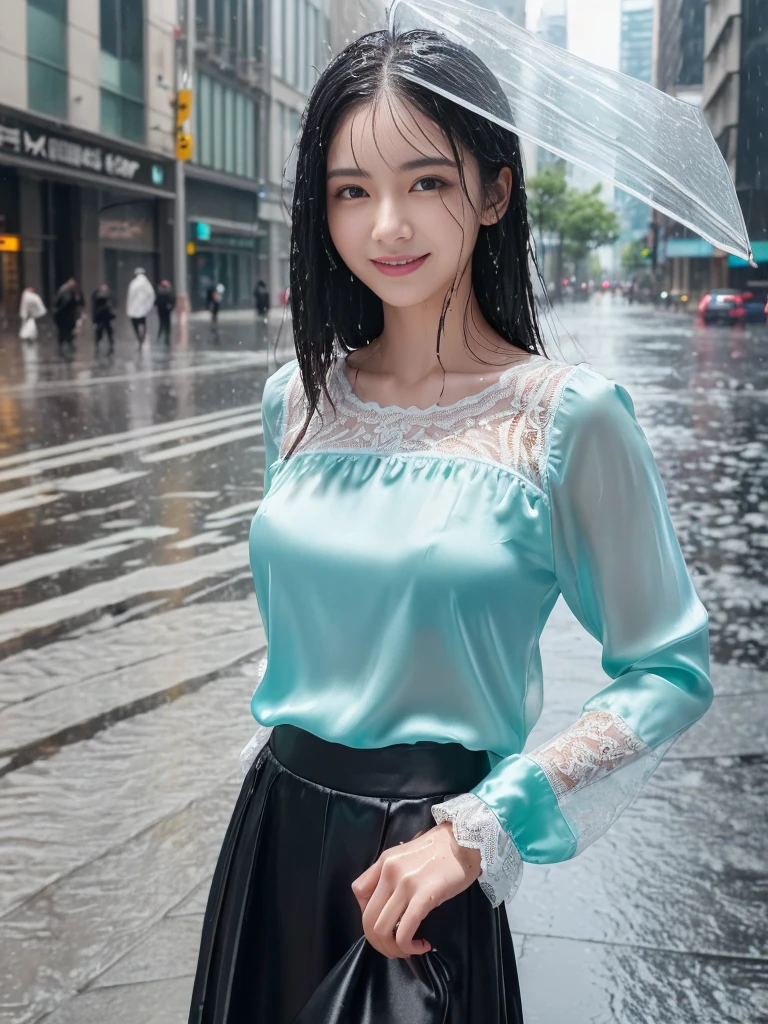((best quality, 8K, masterpiece: 1.3)),upper body,Black Hair, black eye,sharp focus: 1.2, beautiful woman with a perfect body: 1.4, ((Medium Hair, large: 1.2)), (small and beautiful hard (White long sleeve blouse with lace、Silk Tight dark turquoise long skirt), (wet from rain: 1.2), (rain, street: 1.2), wet body: 1.1, Highly detailed face and skin texture, detailed eyes, double eyelids, White skin,,E cup,smile,Financial district of the big city,Skyscraper,White skin,Wet Hair、Wet Skin、Wet clothes、smile、