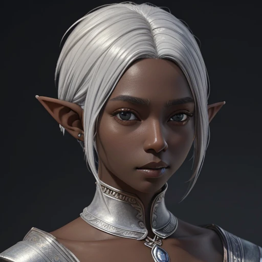 (masterpiece), (best quality),(portrait),(bust up),1girl,solo, animation style render, 3D, (pixer style) ,(clay) ,(sharp focus),(look at viewer),elf, (silver hair),short hair,(dark skin) ,(black skin),adult, (ancient:1), ancient luxurious long clothes,(simple background:1）