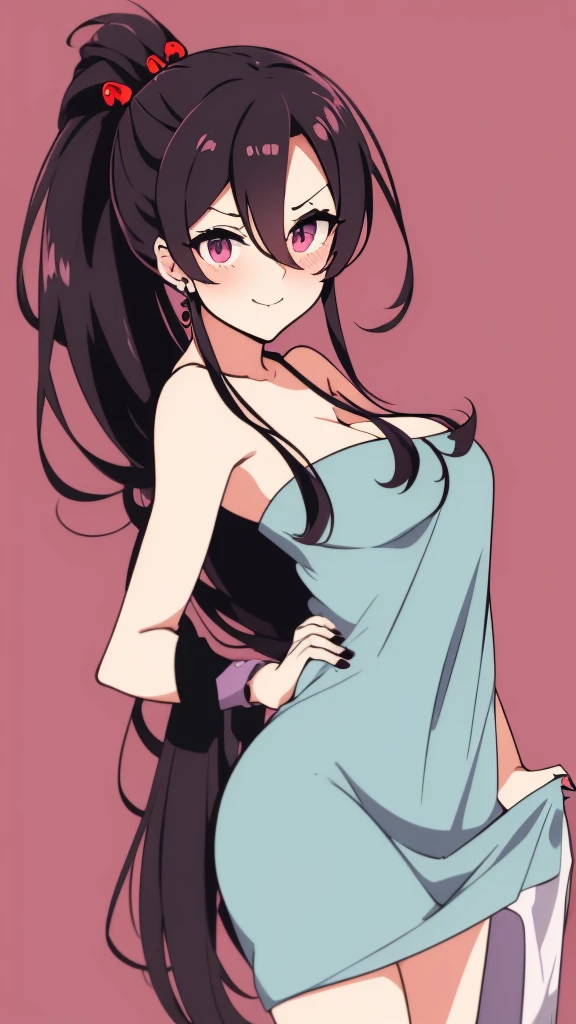 high tail hairstyle, Ponytail hairstyle, Long wavy black hair, standing posing, anime girl style, pixel art anime style,penetrating look with deep eyes,red and purple eyes, hair with a ponytail hairstyle trapped with a big red bun, Women, red hair clips, x color shaped hair clips , smiling face blush, using a towel, getting out of the bathtub