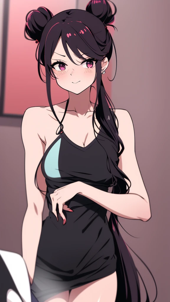 high tail hairstyle, Ponytail hairstyle, Long wavy black hair, standing posing, anime girl style, pixel art anime style,penetrating look with deep eyes,red and purple eyes, hair with a ponytail hairstyle trapped with a big red bun, Women, red hair clips, x color shaped hair clips , smiling face blush, using a towel, getting out of the bathtub 