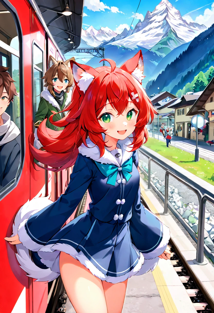 super high resolution, detailed background, Swiss Mountain Railways, boy, girl, Happy, joyful, absurdres(Photos of solo travelers)(kemono, furry anthro),