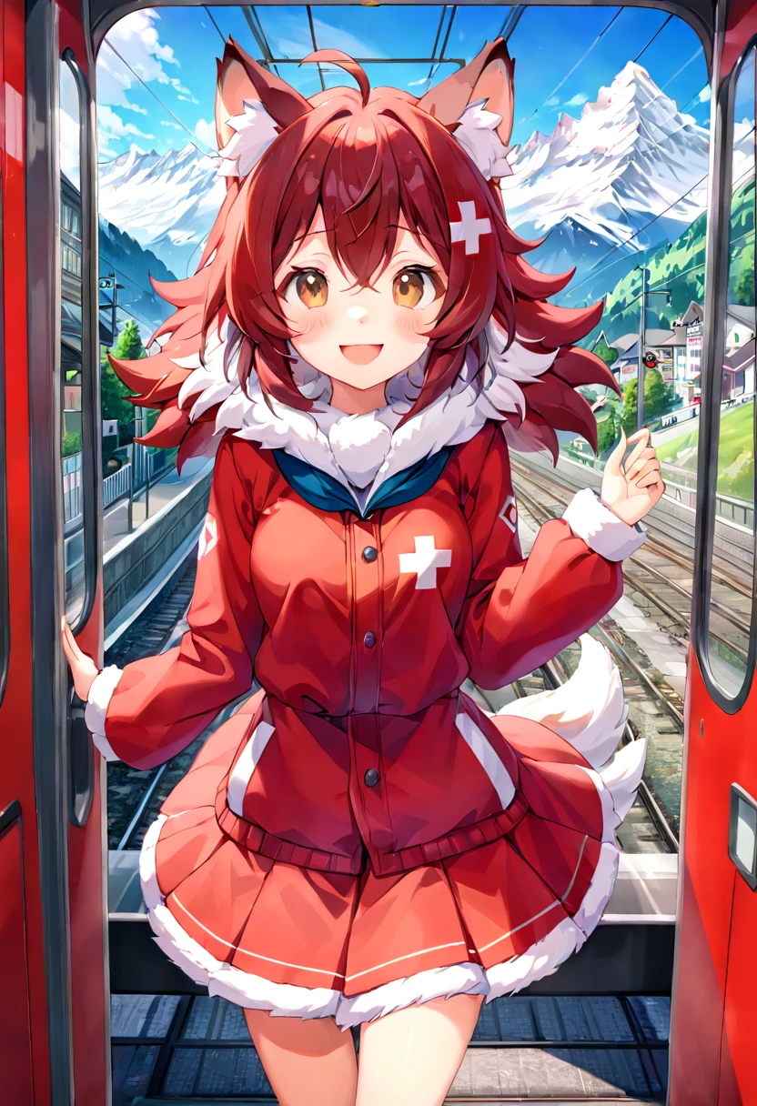 super high resolution, detailed background, Swiss Mountain Railways, boy, girl, Happy, joyful, absurdres(Photos of solo travelers)(kemono, furry anthro),