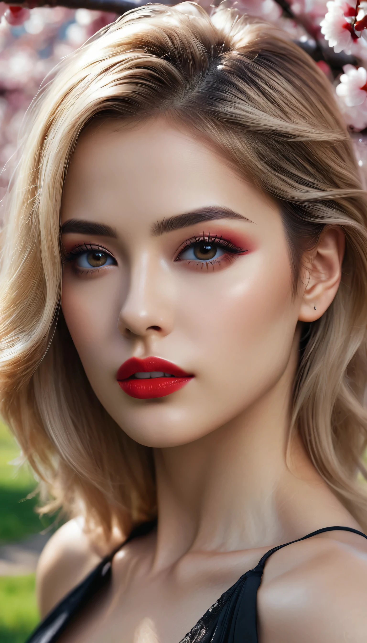 Divide Ratio : 1,1,1 Base Ratio: photorealistic Realism 8K, 16K Quality, fashion supermodel, (Glamour, paparazzi taking pictures of her), (highly detailed 32k absurd Quality), ((girl 18-year-old)) ),fashion supermodel,(best high quality real texture skin:1.3),(best quality texture hair:1.4),BREAK,((short blonde hair ((slicked to the side)) extremely detailed:1.3)),((outside,an orchard of blooming cherry trees:1.3)),(best high quality:1.4),(photo realistic:1. 5),(Hyperrealism:1.5),((sharp focus)),(highest resolution),((soft neon lighting on the face and body)),(perfect proportions),(anatomically correct),(perfect female body),(firm normal full breasts:1.3),slim face,beautiful cheekbones,((slim,swell-muscled body:1.24)),(Super beautiful face),(realistic face),(highly detailed face:1.5),absurd(ultra detailed eyes), finely detailed face,finely quality eyes,(tired and sleepy and satisfied:0.0),(close up of a woman's eye with a digital rendering),realistic eyes,perfect round eyes,finely detailed pupils,(brown_eyes:1.3),BREAK,detailed lips:1.3,dark_makeup:1.18, long_blue_eyeliner:1.25, (red_lipstick:1.25),perfect dark_eyeshadows:1.45, there a close up of a woman's, (super detailed makeup on eyes:1.3), iridescent eyes, with professional makeup, vibrant eyes:1.2, (Detailed nose:1.2),BREAK,((super extravagant ((cut kimono cute)) wear)),BREAK,makeup:1.22,BREAK,/(random u%u top:1.13),/exquisite balance of shadows,perfect composition,((full body shot:1.3)),(((look at the viewer))), Hasselblad, 50mm f/2.2