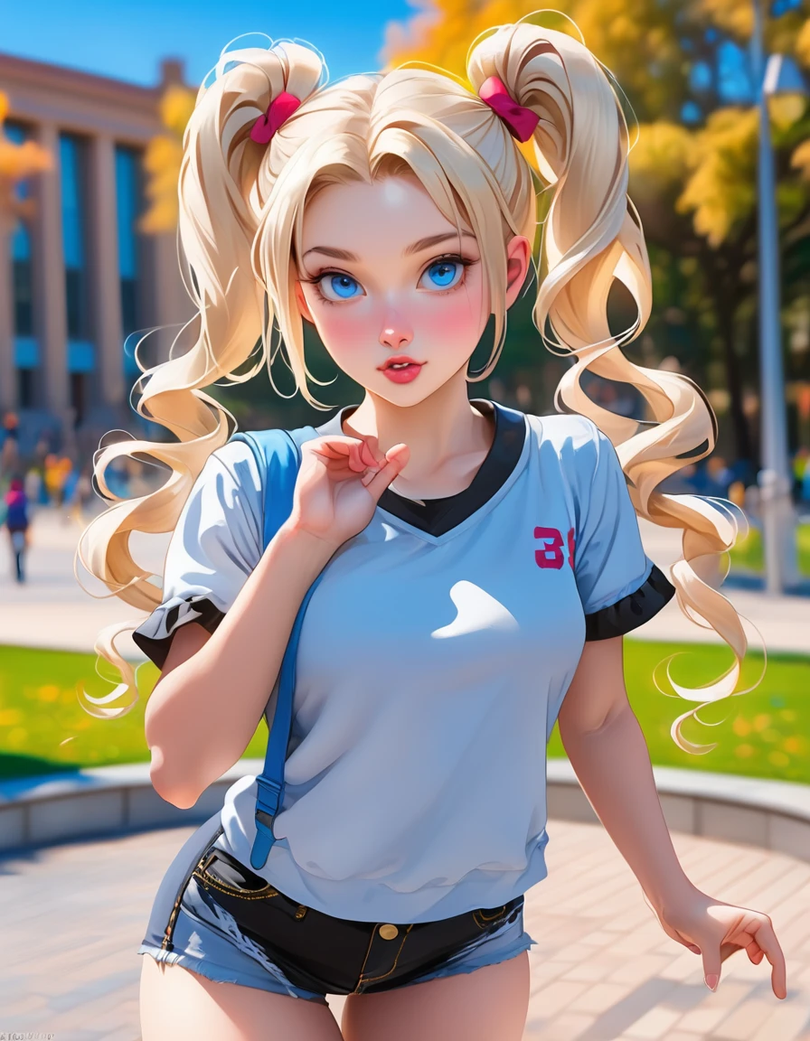 Masterpiece, The best quality, vivid colors, A beautiful 25 year old university student, angelic face and tremendously provocative body, Casual clothes, twin tails, (black hair:1.1) (blonde hair:0.9), Blue eyes, wide, playful pose, the background is a university campus