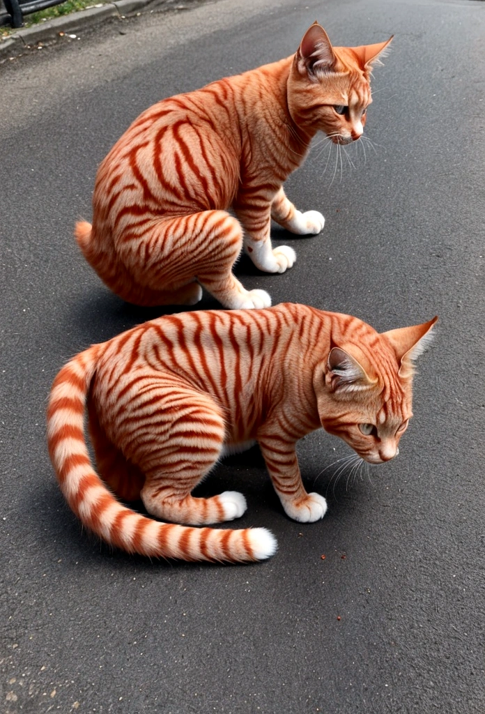 Red cat on the street is very dirty, fluffy, matted fur, dirt