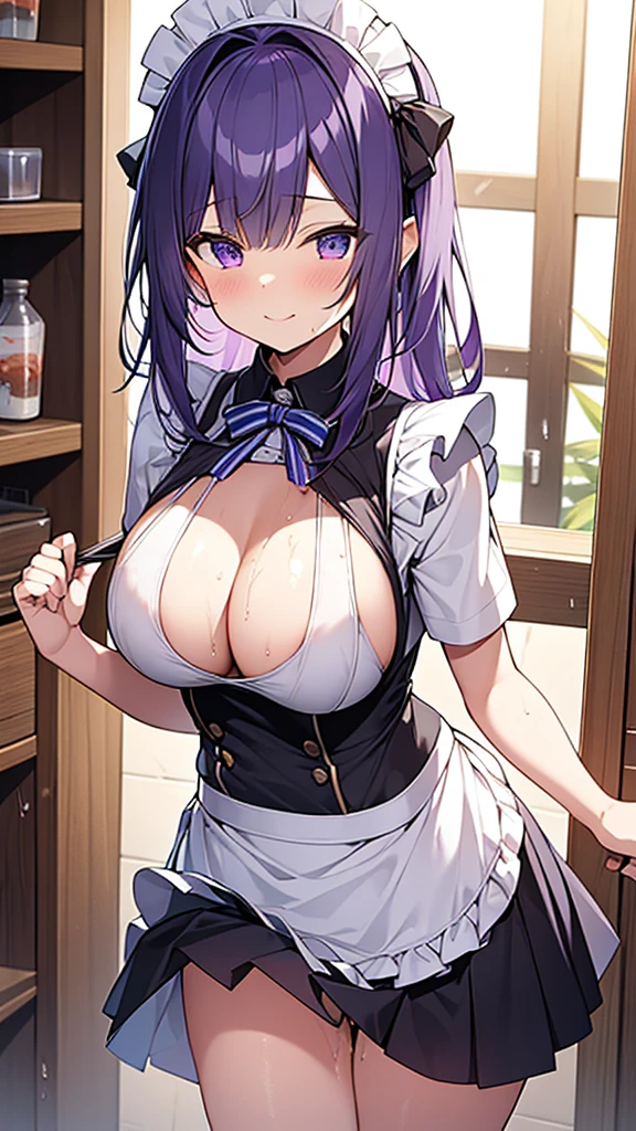 最high quality, high quality, Super detailed, 16K, Ultra-detailed details, pretty girl, alone, beautiful purple hair, Beautiful purple eyes, Big Breasts, A light smile, Summer clothes, Summer Maid clothes, I'm lifting my skirt, Blue and white color striped underwear(Bikini swimsuit under skirt), My crotch is wet with love juice, {{A succubus who steals the face skin and maid uniform from the girl she likes and plays pranks on her、I'm wearing a maid outfit while pretending to be the girl I like.}}, Full body image, NSFW