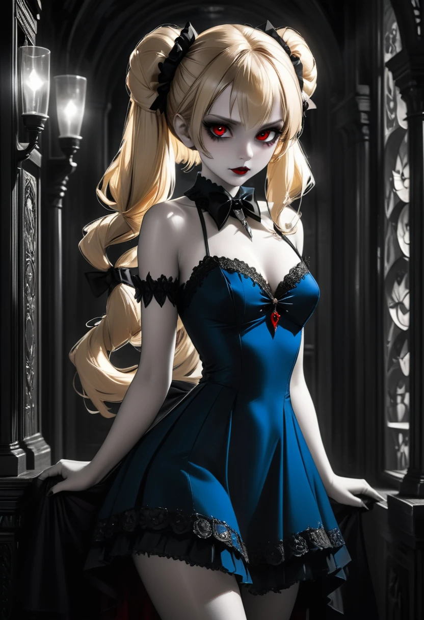 fantasy art deco (art deco: 1.5) A (black and white: 1.5) glamours (vampire: 1.5) model shot, RAW, award winning, of an exquisite beautiful 1solo female vampire, ultra feminine, full body, busty woman, most beautiful face ultra detailed face, ((blond long twin tails: 1.3)), twin tails decorated with black flowers,  pale skin, glowing (red: 1.3) eyes, wearing (blue: 1.5) silk glamour intricate dress, with flowers on it,  wearing intricate high heels, light make up, ancient library background, (black and white filter: 1.4), (anatomically correct: 1.4), 1960s photoshoot style, picture taken from dynamic range, vibrant, Ultra-high resolution, High Contrast, (masterpiece:1.5), highest quality, Best aesthetics), best details, best quality, highres, ultra wide angle, 16k, [ultra detailed], masterpiece, best quality, (extremely detailed), Intense Gaze, dark novel, mega twintails