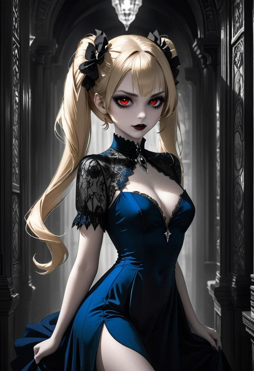 fantasy art deco (art deco: 1.5) A (black and white: 1.5) glamours (vampire: 1.5) model shot, RAW, award winning, of an exquisite beautiful 1solo female vampire, ultra feminine, full body, busty woman, most beautiful face ultra detailed face, ((blond long twin tails: 1.3)), twin tails decorated with black flowers,  pale skin, glowing (red: 1.3) eyes, wearing (blue: 1.5) silk glamour intricate dress, with flowers on it,  wearing intricate high heels, light make up, ancient library background, (black and white filter: 1.4), (anatomically correct: 1.4), 1960s photoshoot style, picture taken from dynamic range, vibrant, Ultra-high resolution, High Contrast, (masterpiece:1.5), highest quality, Best aesthetics), best details, best quality, highres, ultra wide angle, 16k, [ultra detailed], masterpiece, best quality, (extremely detailed), Intense Gaze, dark novel, mega twintails