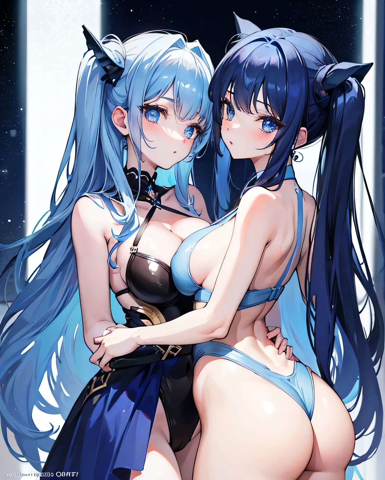 20 years old,Pair icon twins star moon deep blue hair dark blue eyes goddess style, triple D cup breasts, bubbly ass, round ass, round Buttocks, kisses each other 