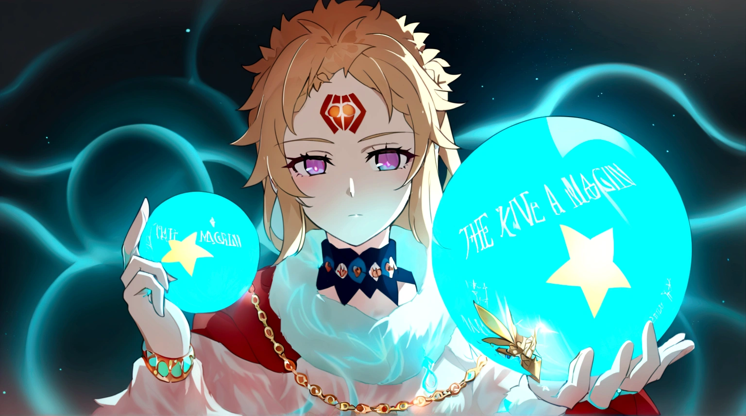 A blonde woman in anime style with short blonde hair and purple eyes. on her forehead is a tattoo of a blue star with 6 points. she is a human and wears a red cloak with a large white fur collar on which lies a golden chain. she is a magician and holds a magic ball in her hand.