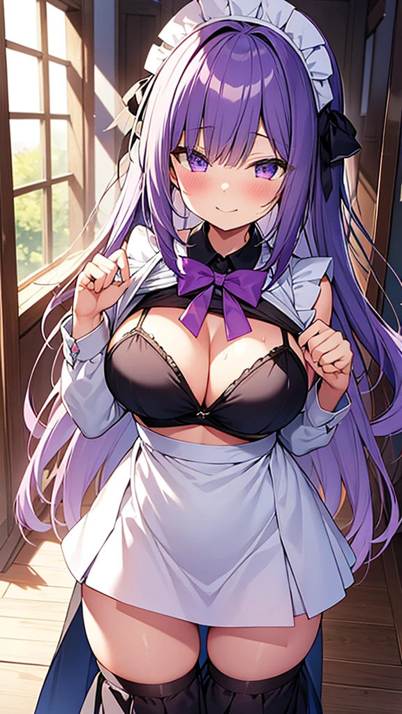 最high quality, high quality, 16K full body image, Ultra-detailed details, pretty girl, alone, beautiful purple hair, Beautiful purple eyes, Big Breasts, A light smile, Summer clothes, Summer Maid clothes, I'm lifting my skirt, Blue and white color striped underwear(Bikini swimsuit under skirt), My crotch is wet with love juice, {{A succubus who steals the face skin and maid uniform from the girl she likes and plays pranks on her、I'm wearing a maid outfit while pretending to be the girl I like.}}, The girl I like is a high school girl, Full body image, NSFW