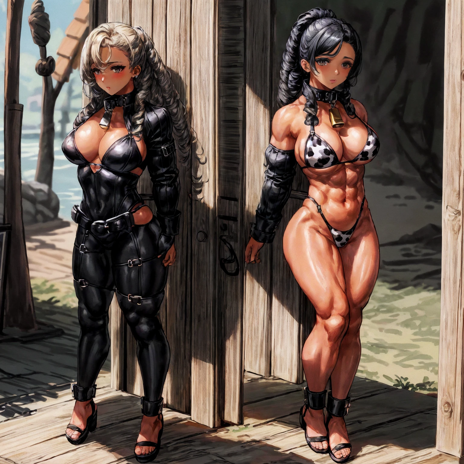 (Masterpiece, best quality, intricate details, 1sologirl) iron collar, arms behind back, iron cuffs, shackles, bound ((standing by wooden pole:1.2)) ((female Black Dark skin Gyaru)) show entire body frontal position, feet in view, realistic, gorgeous 16y.o. darkest skinned mixed race female, black African, barefoot no shoes, looking to viewer straight symmetrical, solo girl looking to the camera, cow bell choker leather collar choker neck bell, metal sandals, black and white bikini (cow pattern) black thigh highs