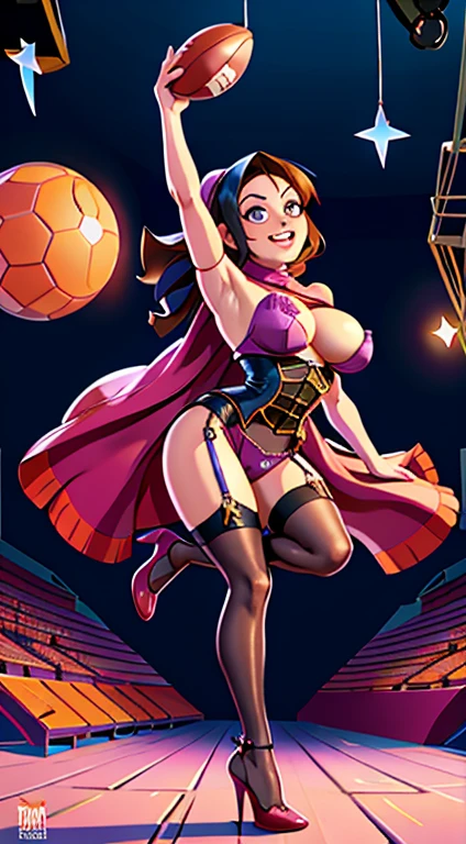 a confident smiling slutty woman wearing a silk hijab, pvc corset lingerie, stockings, and high heels, playing football in a stadium full of viewers. The image quality should be the best, with 4k resolution, ultra-detailed, and realistic. The art style should be a combination of portraits and sports photography. The color tone should be bold and vibrant, with studio lighting emphasizing the woman's figure.